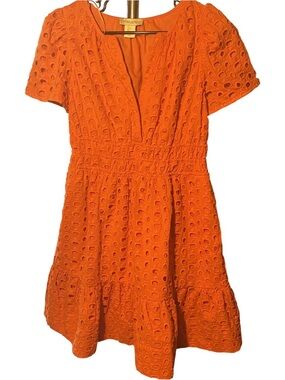 ❤️ Cynthia Rowley Womens Orange V-Neck Eyelet Dress Small
